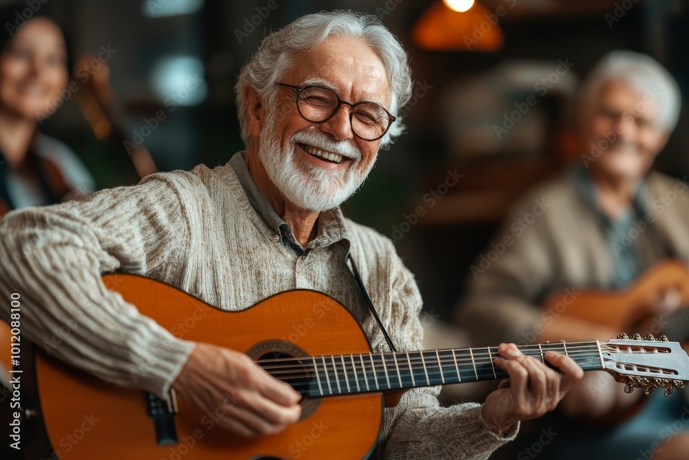 Fototapeta premium Group of joyful senior people playing music together enjoying talent show in retirement home focus on smiling senior man playing guitar copy space, Generative AI