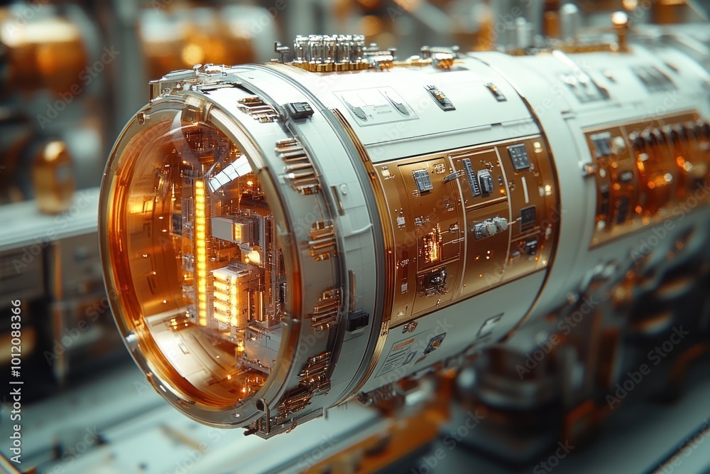 A futuristic, metallic, cylindrical object with glowing orange circuitry and various control panels. A futuristic, metallic, cylindrical object with glowing orange circuitry and various control panels.