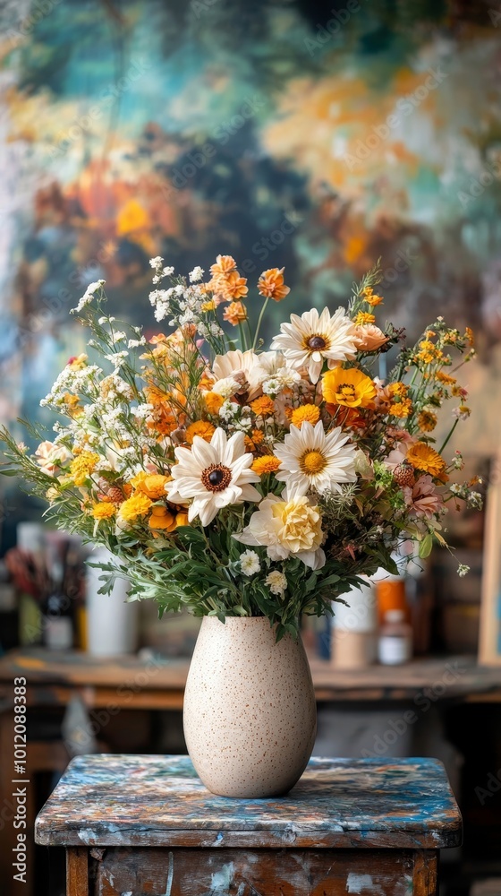 Vertical close up of floral composition in vase with art studio in background copy space, Generative AI Vertical close up of floral composition in vase with art studio in background copy space, Generative AI