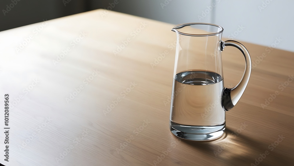 This minimalist still life features a sleek, transparent glass pitcher half-filled with water, placed on a simple wooden table. The natural light softly illuminates the scene This minimalist still life features a sleek, transparent glass pitcher half-filled with water, placed on a simple wooden table. The natural light softly illuminates the scene