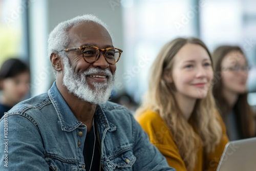 Portrait of smiling senior man talking to woman while using laptop together in computer class for adults, Generative AI