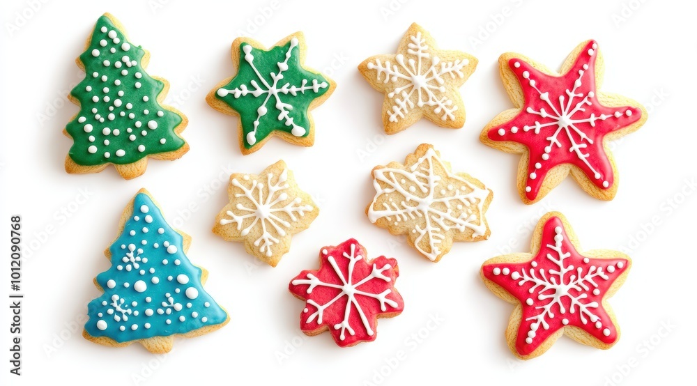 A set of Christmas cookies in festive shapes (stars, trees, snowflakes) decorated with colorful icing, neatly arranged on a white background. A set of Christmas cookies in festive shapes (stars, trees, snowflakes) decorated with colorful icing, neatly arranged on a white background.