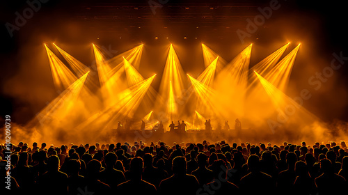 Concert Crowd Shadows Against Vibrant Yellow Stage Lights: Silhouette Concept