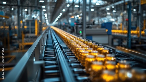 Glass jars move along a conveyor belt in a modern factory, showcasing the manufacturing process.