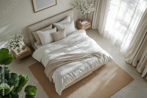 Contemporary white bedroom with beige bed. Top view, Generative AI
