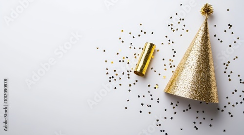 A sparkling New Yearâ€™s Eve party hat in gold, sitting alongside a noise maker and glittering confetti on a clean white background. 