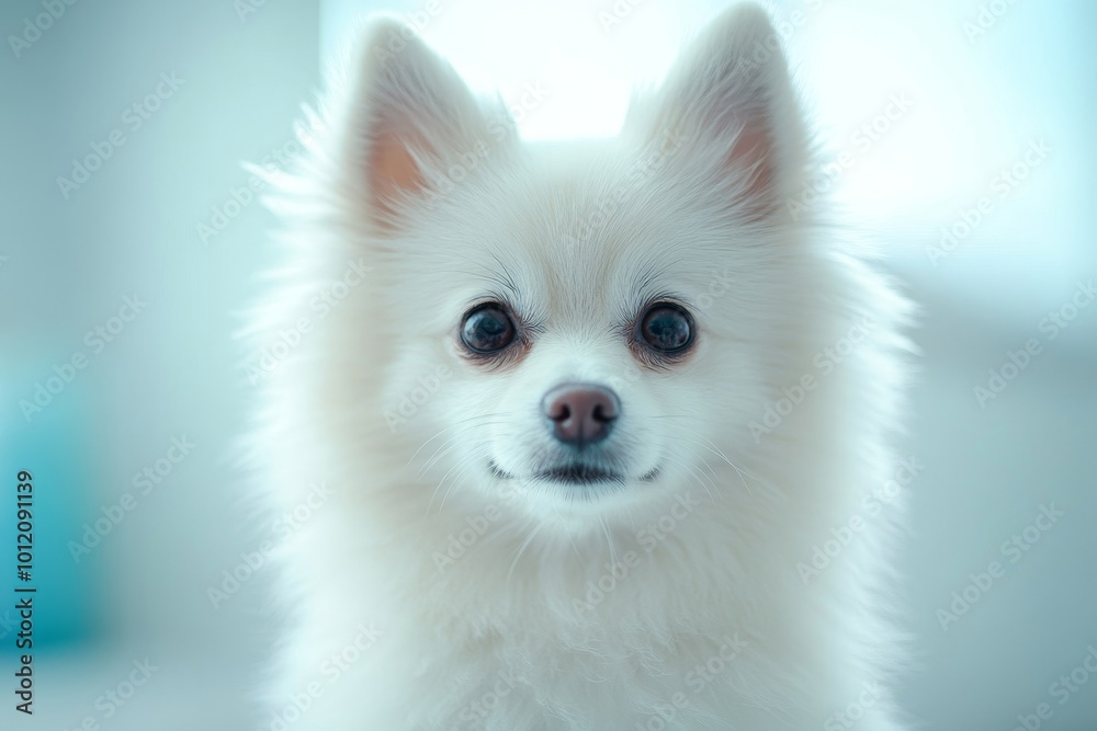 Close up of white cute pomeranian dog in vet clinic on neutral blurred background, focus on eyes, copy space, Generative AI Close up of white cute pomeranian dog in vet clinic on neutral blurred background, focus on eyes, copy space, Generative AI