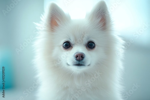 Close up of white cute pomeranian dog in vet clinic on neutral blurred background, focus on eyes, copy space, Generative AI