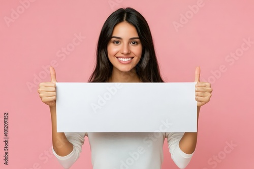 Photograph of a smiling middle-aged Hispanic woman holding a blank white sign and giving a thumbs-up gesture against a pink background. Photorealistic panoramic image