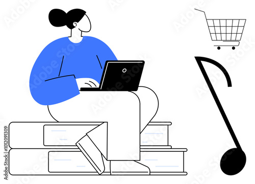 Person using laptop while sitting on stack of books. Shopping cart and check mark symbol to the side. Ideal for online education, e-commerce, productivity, success, modern work. Simple line art style