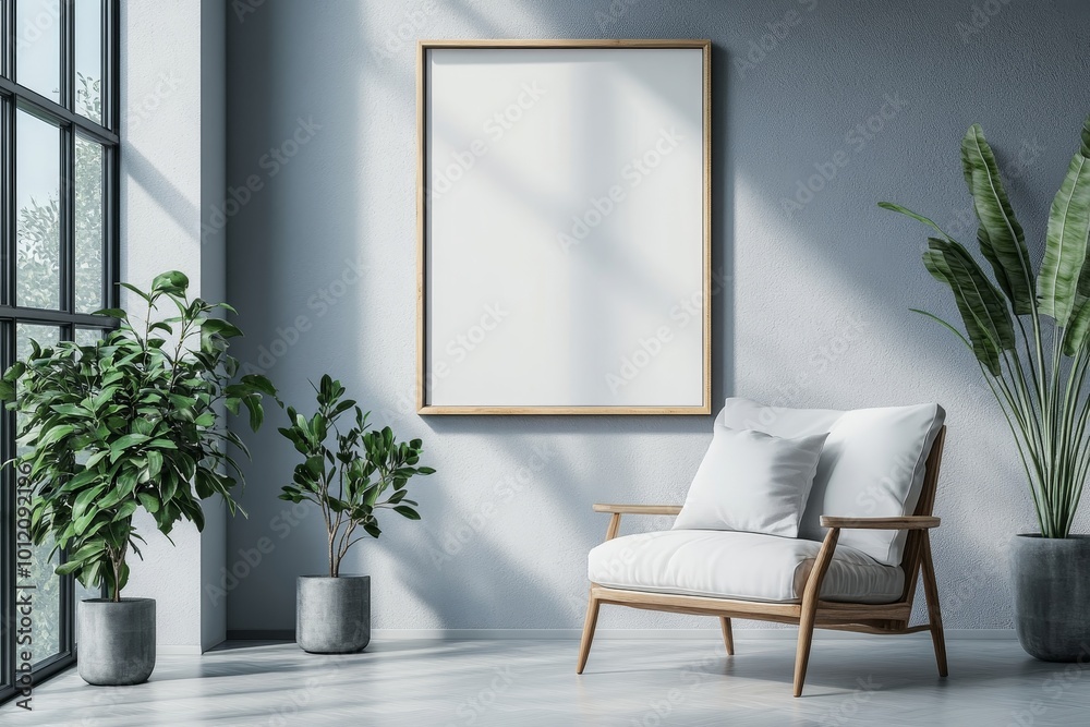 Modern living room interior with eating table and decoration, mockup frame, Generative AI