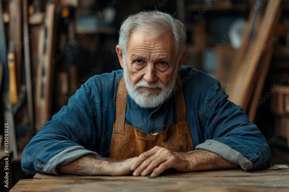 Portrait of senior craftsman repairing old furniture in carpentry workshop, copy space, Generative AI