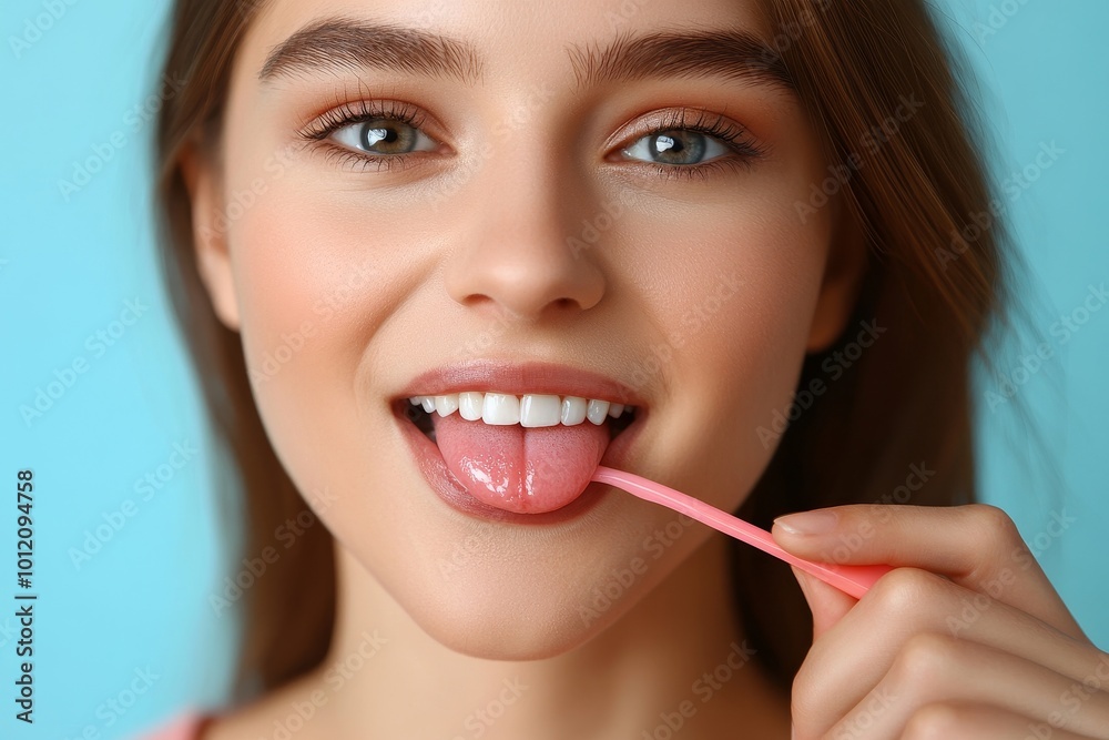 Woman Cleaning Her Tongue With Cleaner, Generative AI Woman Cleaning Her Tongue With Cleaner, Generative AI