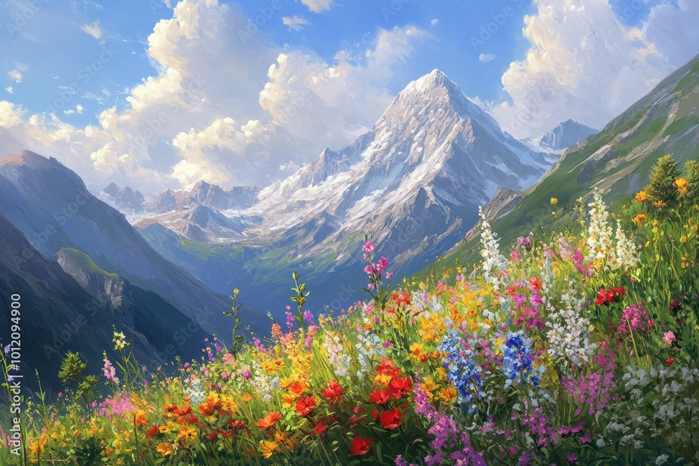 Fototapeta premium A mountain range with a beautiful field of flowers in the foreground, generative ai image