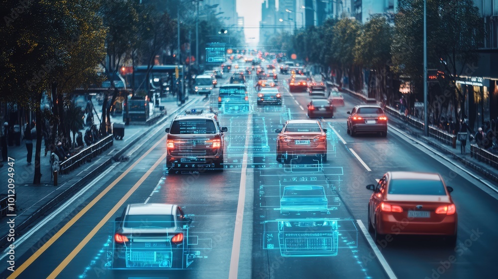 Fototapeta premium Smart LPR camera solutions for traffic monitoring, license plate recognition, AI vehicle detection, security surveillance, intelligent transport, and automated data analysis. AI generated illustration