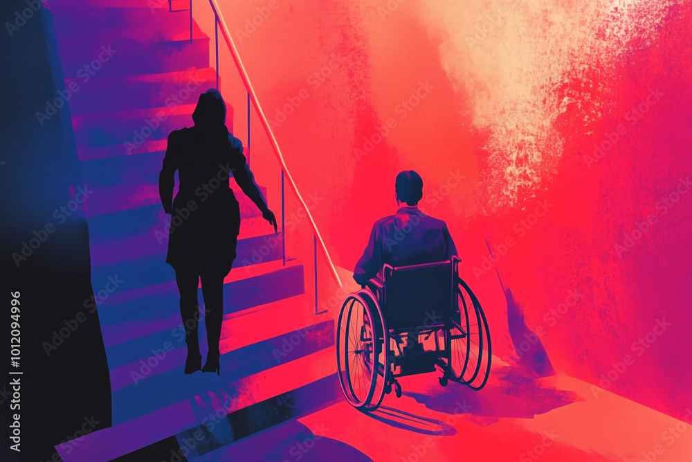 Obraz premium A journey of strength and resilience as one figure ascends the stairs while another stays behind in a thoughtful moment of contemplation