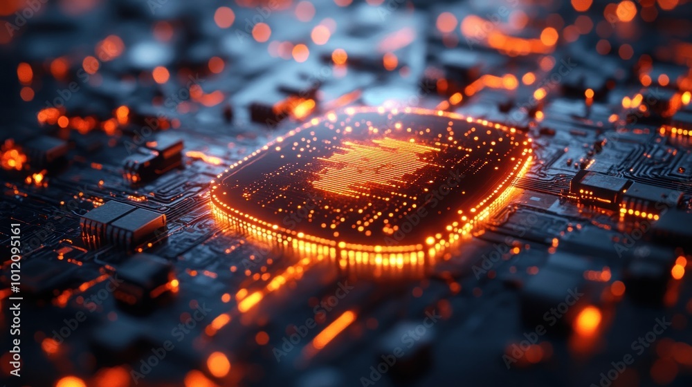 Close-up of a glowing orange CPU chip on a circuit board. Close-up of a glowing orange CPU chip on a circuit board.