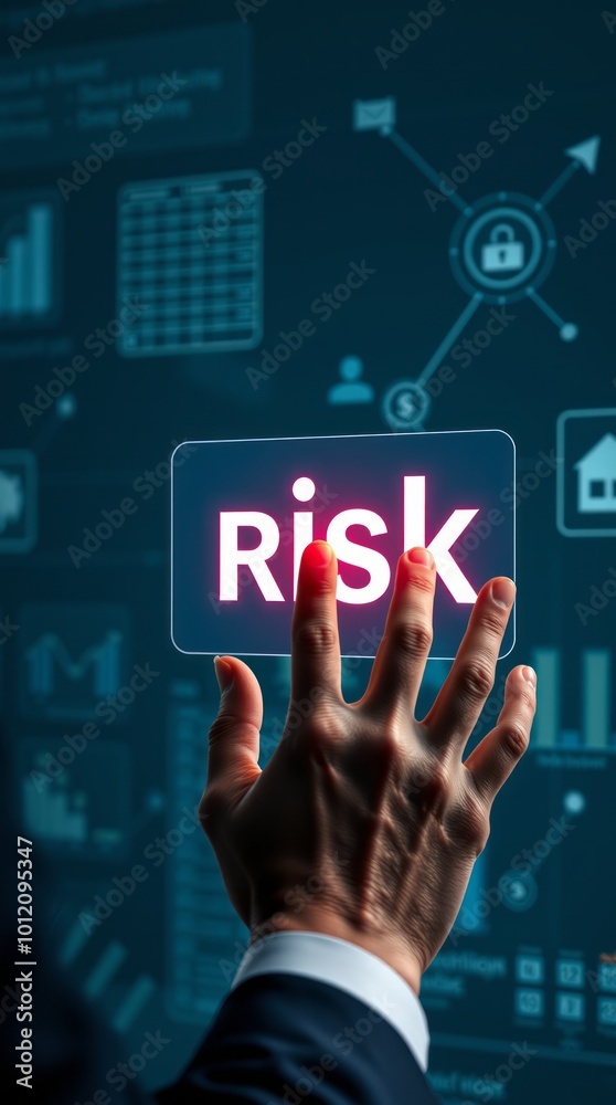 Manager using virtual touch screen sees word: risk concept of risk management and mitigation to reduce exposure for financial investment projects engineering businesses managing risk Manager using virtual touch screen sees word: risk concept of risk management and mitigation to reduce exposure for financial investment projects engineering businesses managing risk