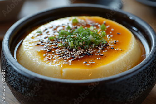 Enjoying fluffy Gyeran-jjim, a traditional Korean steamed egg dish, garnished with sesame and green onion, served in a cozy Korean restaurant photo