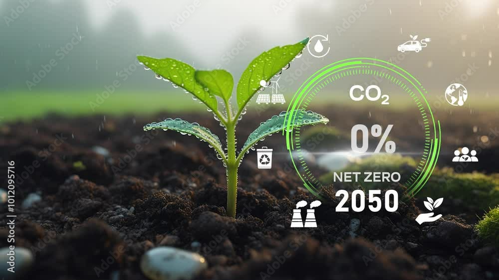 Digital dashboard of CO2 level gauge percentage drop down to 0. Net Zero Emissions by 2050 policy animation concept,Net zero emission ,2050, carbon neutral concept.CO2 reduce.Net zero
