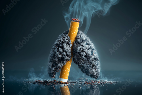 Transformative representation of smoking and lung health, showcasing the impact of cigarettes on respiratory function in a surreal artistic style