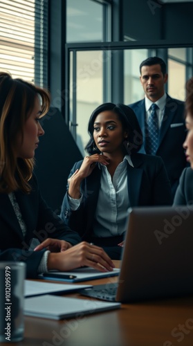 business meeting, corporate office, professional attire, diverse group of people, serious discussion, boardroom setting, laptops on table, modern workspace, focused expressions, teamwork, soft lightin photo