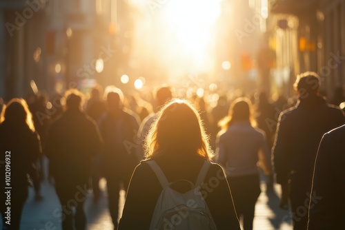 A busy city street filled with people walking during sunset. photo