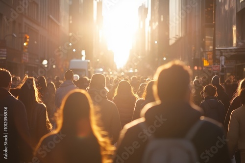 A busy city street filled with people walking during sunset. photo