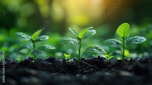 Three green seedlings growing in rich dark soil with dew drops on the leaves and sunlight in the background.