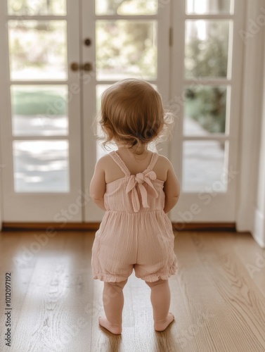 A back view of a baby standing in a sunlit room near glass doors exploring the space.