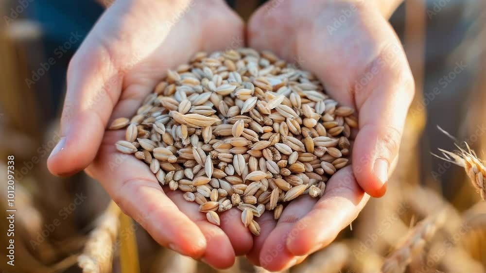 Close-Up of Hands Holding Wheat Grains in Sunlit Field Close-Up of Hands Holding Wheat Grains in Sunlit Field