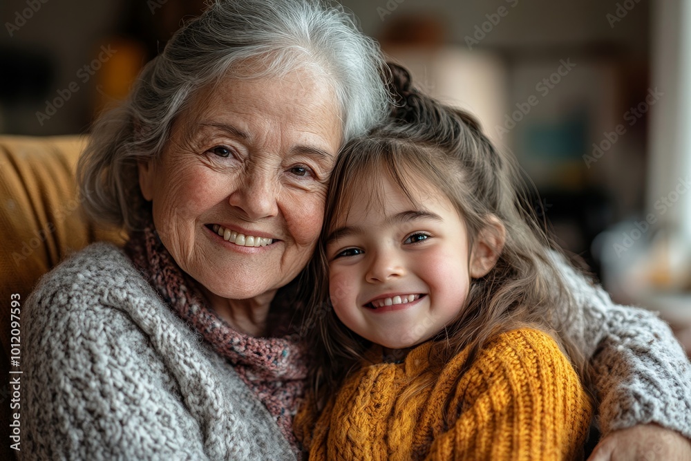 Elderly woman joyfully hugging young girl with Down syndrome in cozy room, both smiling warmly and sitting close together on chair, surrounded by personal, Generative AI Elderly woman joyfully hugging young girl with Down syndrome in cozy room, both smiling warmly and sitting close together on chair, surrounded by personal, Generative AI