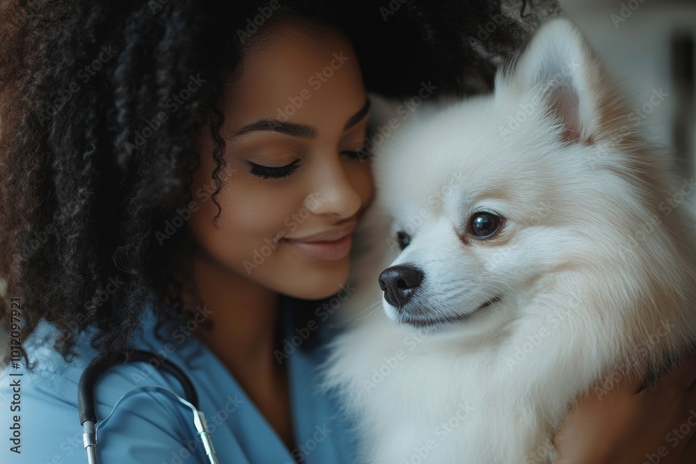 Shot of young curly female vet expert of Black ethnicity listening to heartbeat of sick white pomeranian dog. Veterinarian in blue scrubs performing routine physical examination on animal,GenerativeAI Shot of young curly female vet expert of Black ethnicity listening to heartbeat of sick white pomeranian dog. Veterinarian in blue scrubs performing routine physical examination on animal,GenerativeAI