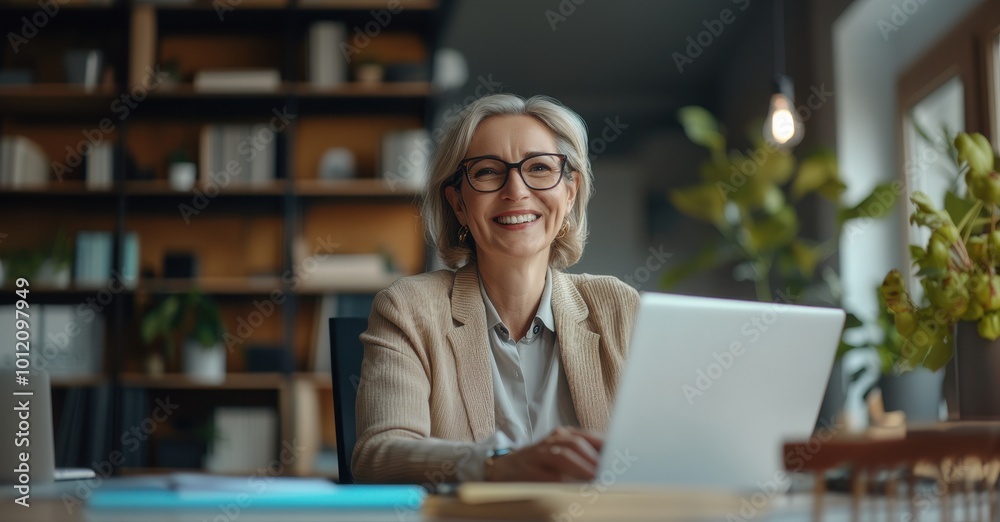 Smiling Elderly woman with glasses working on a laptop in a modern office. Smiling Elderly woman with glasses working on a laptop in a modern office.
