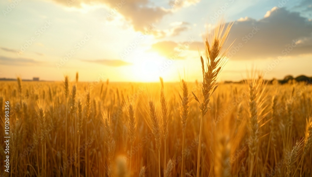 A high-definition image of a golden wheat field gently swaying in the breeze under the soft light of a rising sun, with a few scattered clouds in the sky. A high-definition image of a golden wheat field gently swaying in the breeze under the soft light of a rising sun, with a few scattered clouds in the sky.