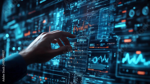 Male hand touching digital screen with indicators and levels close-up created in AI
