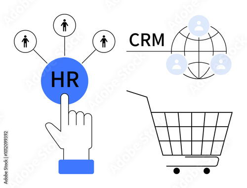 Hand clicking HR surrounded by people icons. CRM connected to a globe with user icons. Shopping cart represents e-commerce. Ideal for human resources, customer relations, digital marketing, online