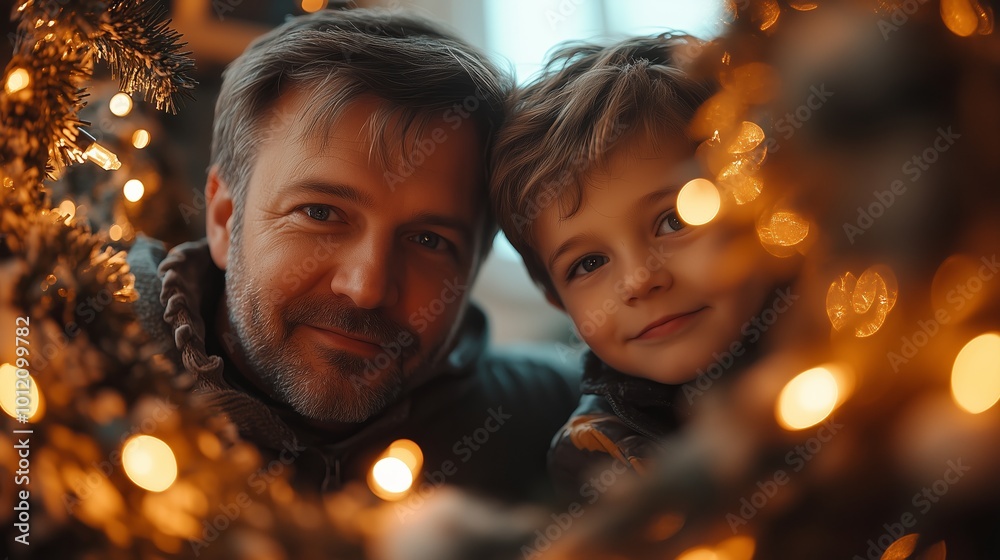 A heartwarming close-up portrait of a father and his young son surrounded by festive Christmas decorations and warm glowing lights. A heartwarming close-up portrait of a father and his young son surrounded by festive Christmas decorations and warm glowing lights.