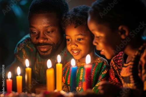 Black three generation family lightning Mishumaa Saba, seven colorful candles for Kwanzaa celebration, Generative AI photo