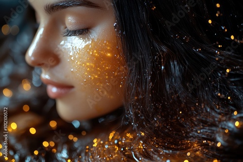 Close-up portrait of a woman with golden glitter on her face and hair.