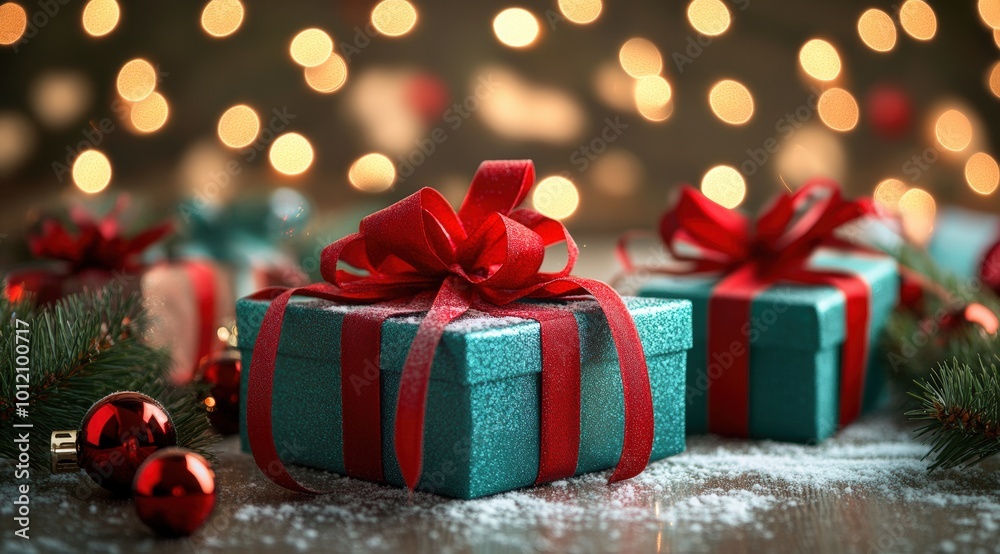 Holiday postcard with gift boxes wrapped in ribbons, twinkling garland lights in the background, creating a magical atmosphere Holiday postcard with gift boxes wrapped in ribbons, twinkling garland lights in the background, creating a magical atmosphere