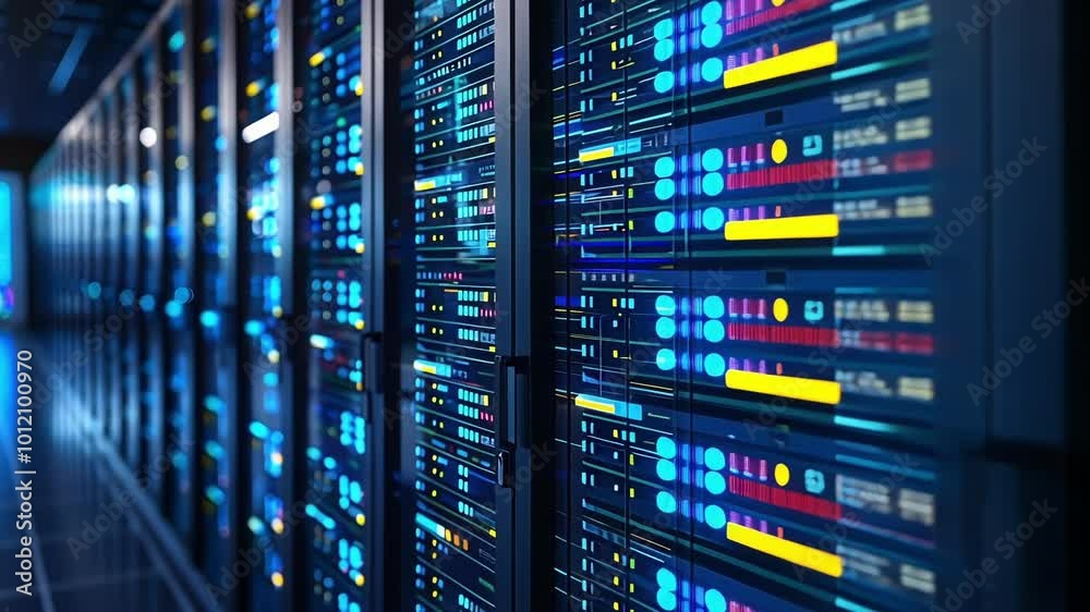 Server room in a data center with rows of working servers storing digital information and glowing with blue and yellow lights