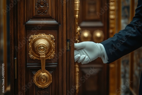 Close up of butler opening heavy wooden doors in palace with gloved hands, copy space, Generative AI