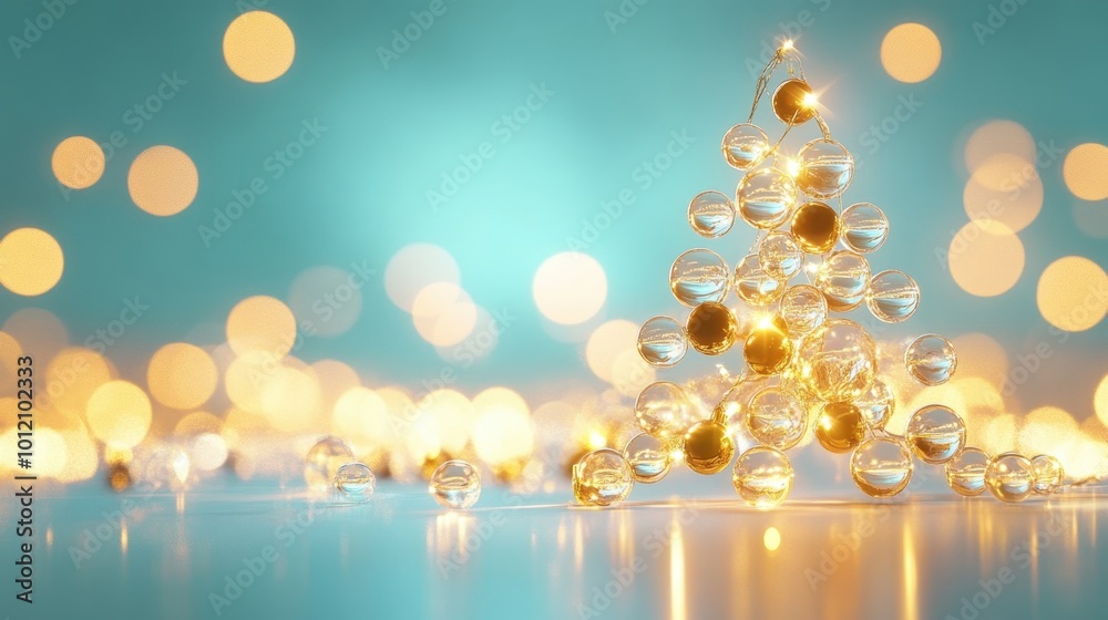 Christmas tree made of glass transparent balls with a glow inside on a pale blue background, place for text, greeting card for New Year or Christmas