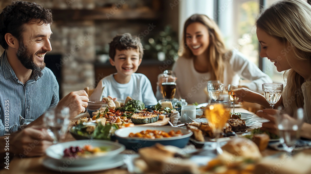 family celebrates holiday at big festive table in cozy apartment generated in AI family celebrates holiday at big festive table in cozy apartment generated in AI