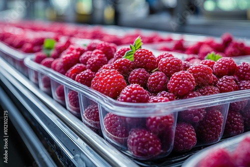 A conveyor belt with rows of clear plastic containers filled with fresh ripe raspberries.