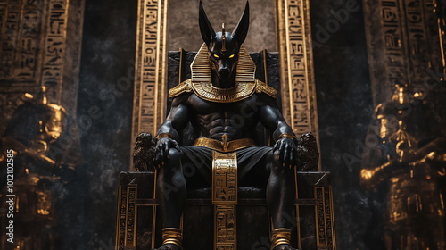 God Anubis sits on a golden throne created in AI