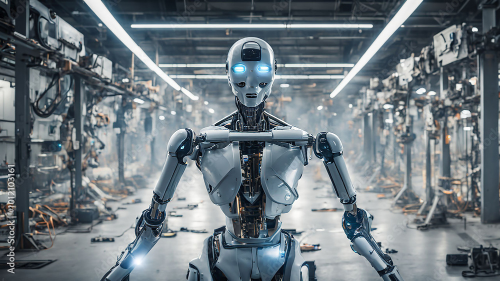 white robot with glowing blue eyes stands in front of robot assembly cranes created in AI