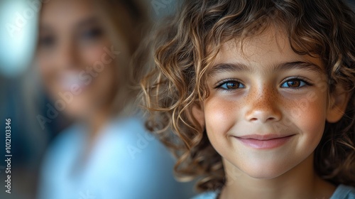 A young boy with curly brown hair and brown eyes smiles at the camera. His mother is out of focus in the background.