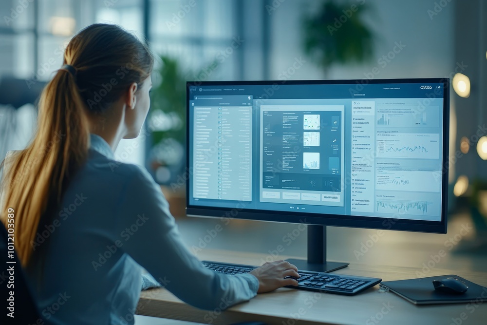 Close up on computer monitor of female worker using PC and designing interface of new mobile application in office, copy space, Generative AI Close up on computer monitor of female worker using PC and designing interface of new mobile application in office, copy space, Generative AI